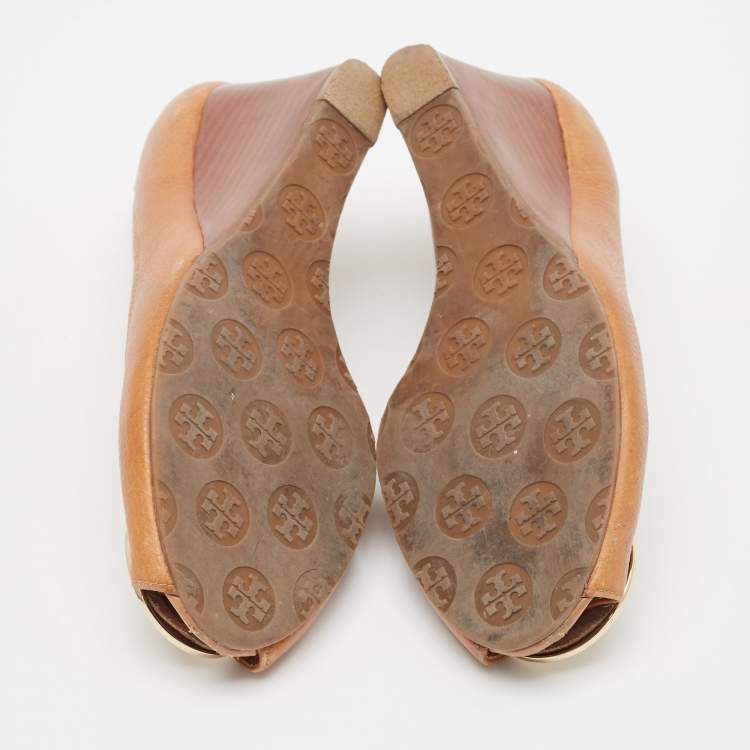 Pre Owned Tory Burch Brown Leather Julianne Peep Toe Wedge Pumps Size 40