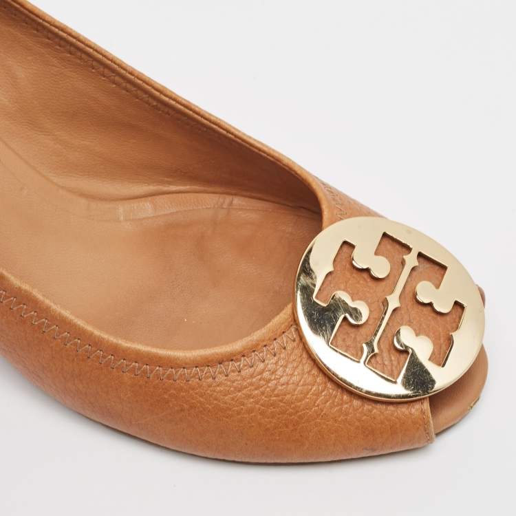 Pre Owned Tory Burch Brown Leather Julianne Peep Toe Wedge Pumps Size 40