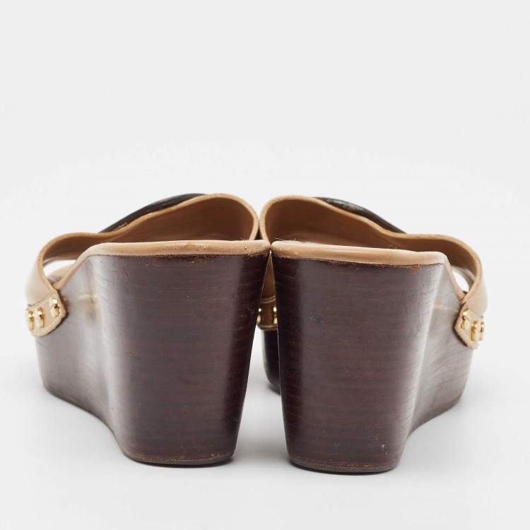 Pre Owned Tory Burch Beige Patent Leather Platform Sandals Size 38.5