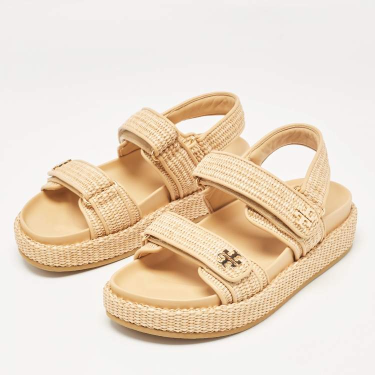 Tory Burch Beige Woven Raffia and Leather Kira Flat Sandals
