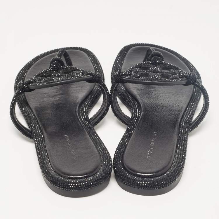 Pre Owned Tory Burch Black Leather Crystals Knotted Miller Thong Flats Size 38.5