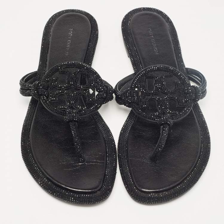 Pre Owned Tory Burch Black Leather Crystals Knotted Miller Thong Flats Size 38.5