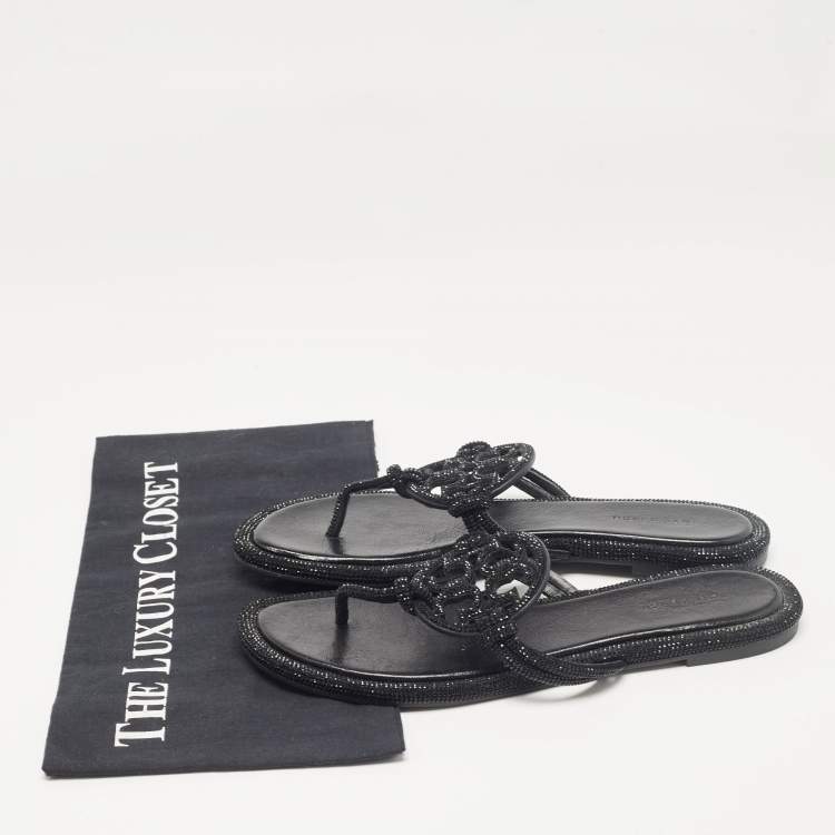 Pre Owned Tory Burch Black Leather Crystals Knotted Miller Thong Flats Size 38.5