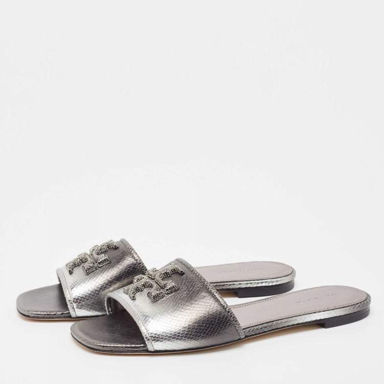 مملوكة مسبقًا Tory Burch Ombre Grey Snakeskin Embossed Leather Eleanor Crystals Slide Flats Size  39