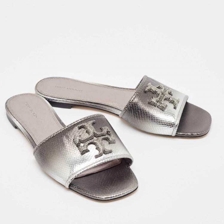 مملوكة مسبقًا Tory Burch Ombre Grey Snakeskin Embossed Leather Eleanor Crystals Slide Flats Size  39