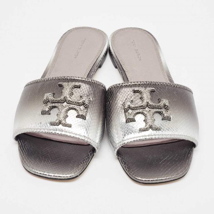 مملوكة مسبقًا Tory Burch Ombre Grey Snakeskin Embossed Leather Eleanor Crystals Slide Flats Size  39