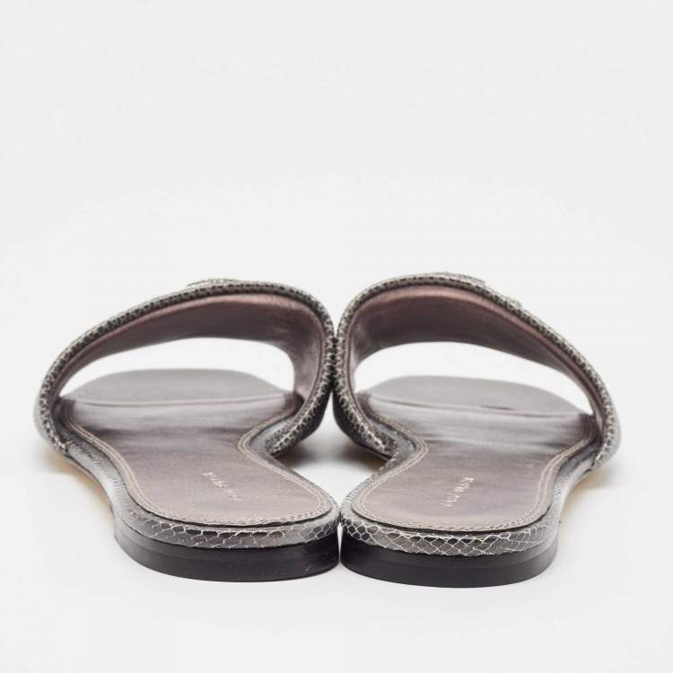 مملوكة مسبقًا Tory Burch Ombre Grey Snakeskin Embossed Leather Eleanor Crystals Slide Flats Size  39