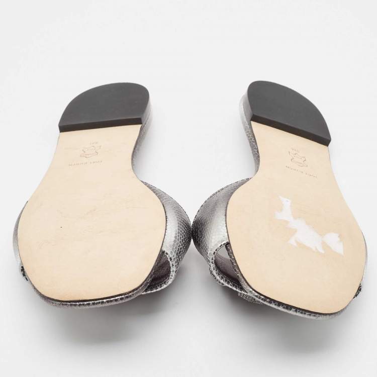 مملوكة مسبقًا Tory Burch Ombre Grey Snakeskin Embossed Leather Eleanor Crystals Slide Flats Size  39
