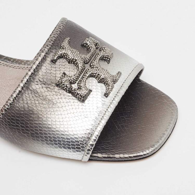 مملوكة مسبقًا Tory Burch Ombre Grey Snakeskin Embossed Leather Eleanor Crystals Slide Flats Size  39