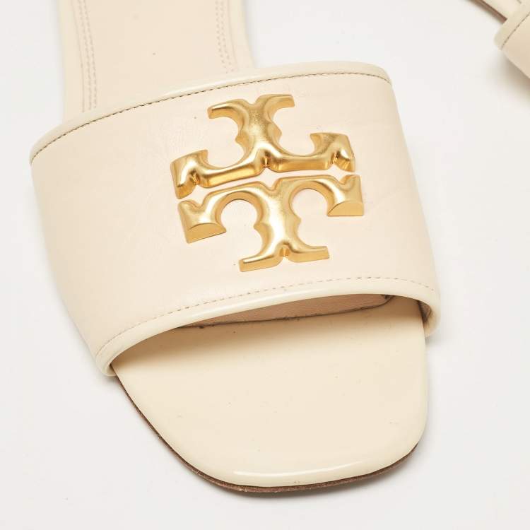 Pre Owned Tory Burch Cream Leather Eleanor Flat Slides Size 39.5