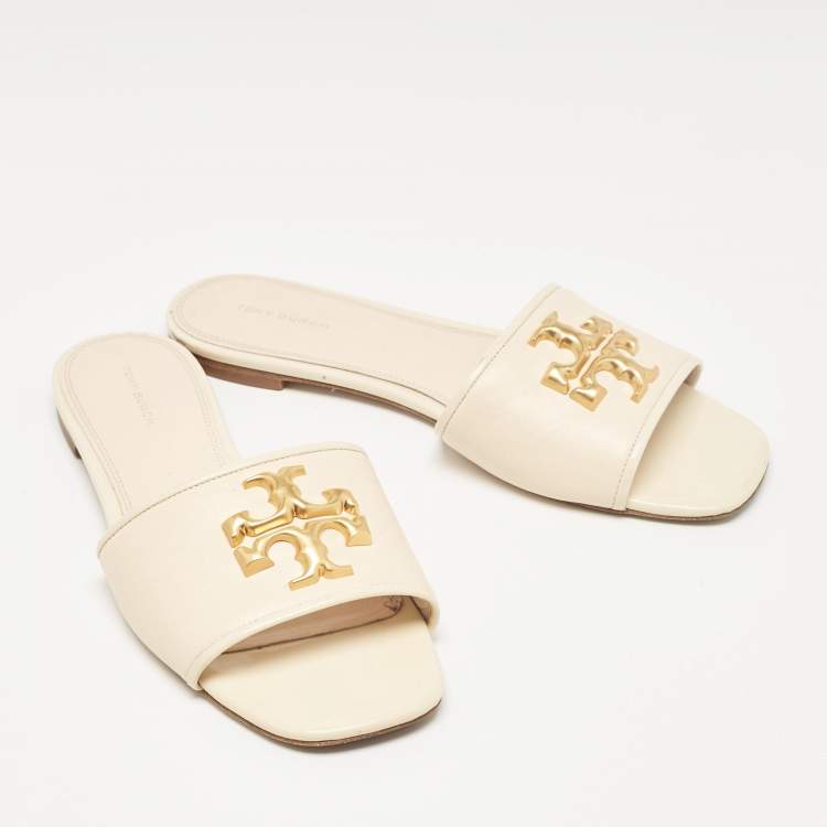 Pre Owned Tory Burch Cream Leather Eleanor Flat Slides Size 39.5