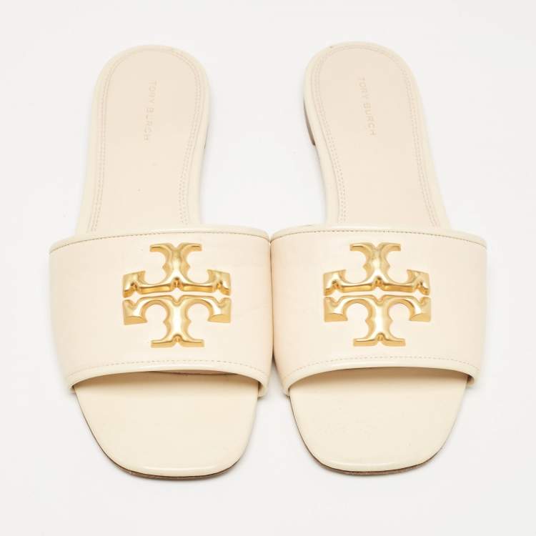 Pre Owned Tory Burch Cream Leather Eleanor Flat Slides Size 39.5