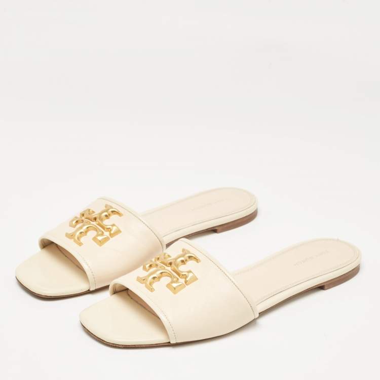 Pre Owned Tory Burch Cream Leather Eleanor Flat Slides Size 39.5
