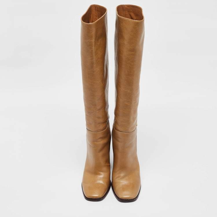 Pre Owned Tory Burch Brown Leather Knee Length Boots Size 38