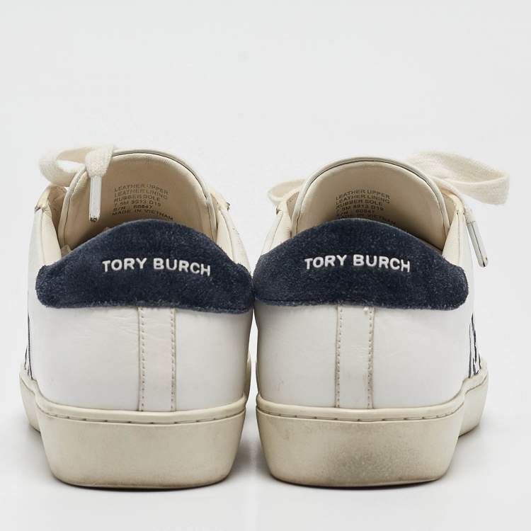 Pre Owned Tory Burch White/Navy Blue Leather and Suede T-Logo Sneakers Size 38