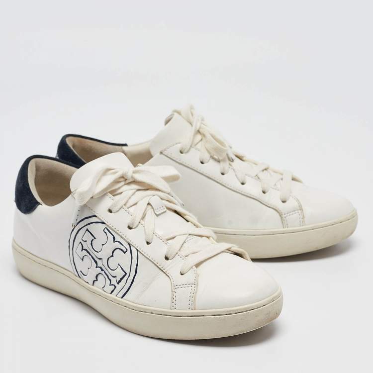 Pre Owned Tory Burch White/Navy Blue Leather and Suede T-Logo Sneakers Size 38