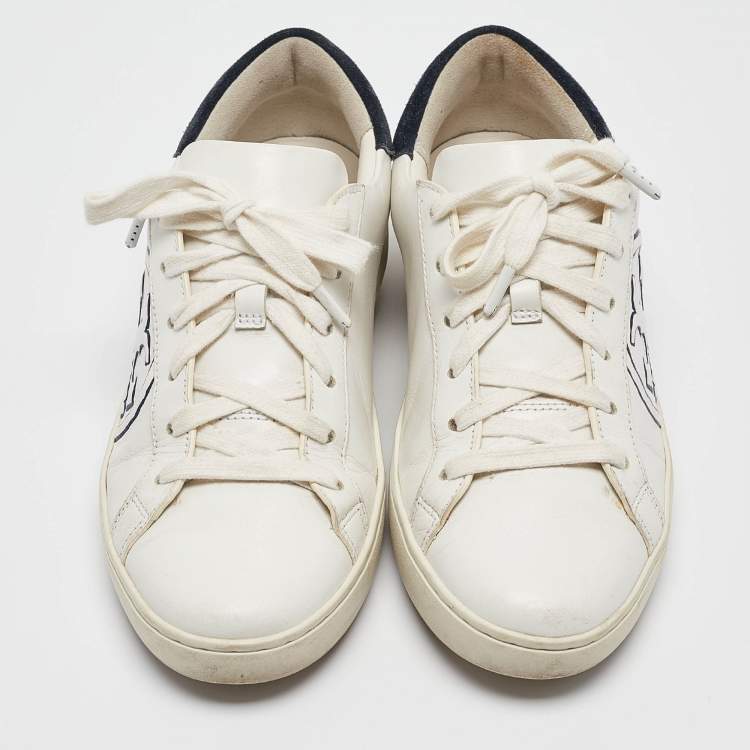 Pre Owned Tory Burch White/Navy Blue Leather and Suede T-Logo Sneakers Size 38