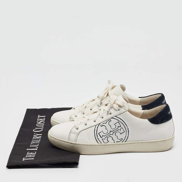 Pre Owned Tory Burch White/Navy Blue Leather and Suede T-Logo Sneakers Size 38