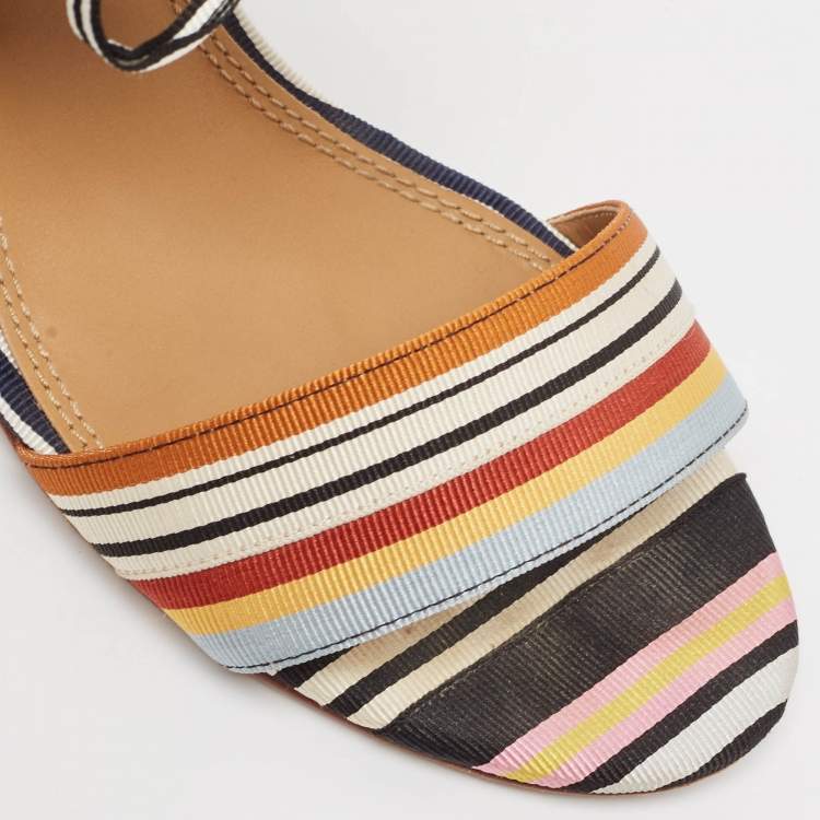 Pre Owned Tory Burch Multicolor Striped Fabric Ankle Strap Sandals Size 39
