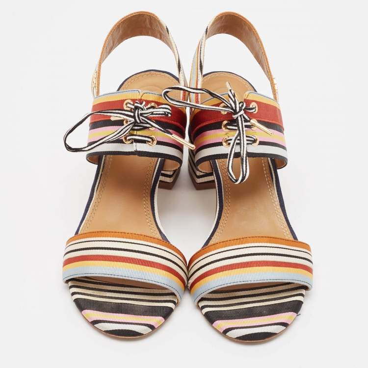 Pre Owned Tory Burch Multicolor Striped Fabric Ankle Strap Sandals Size 39