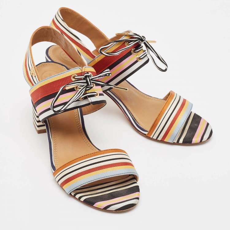 Pre Owned Tory Burch Multicolor Striped Fabric Ankle Strap Sandals Size 39