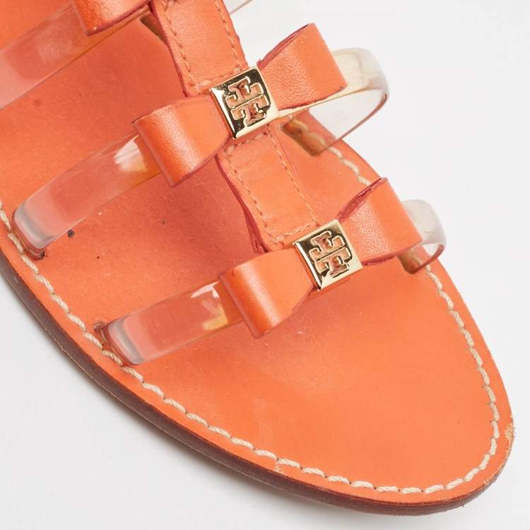 Pre Owned Tory Burch Orange Leather And PVC Kira Flat Sandals Size 37.5