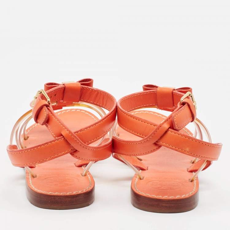 Pre Owned Tory Burch Orange Leather And PVC Kira Flat Sandals Size 37.5