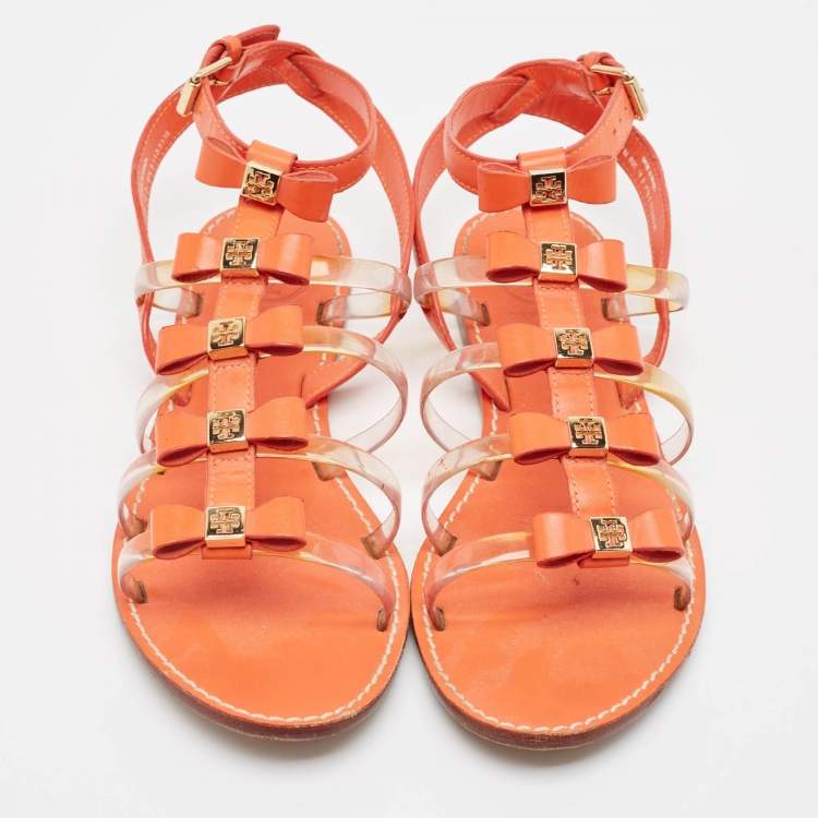 Pre Owned Tory Burch Orange Leather And PVC Kira Flat Sandals Size 37.5