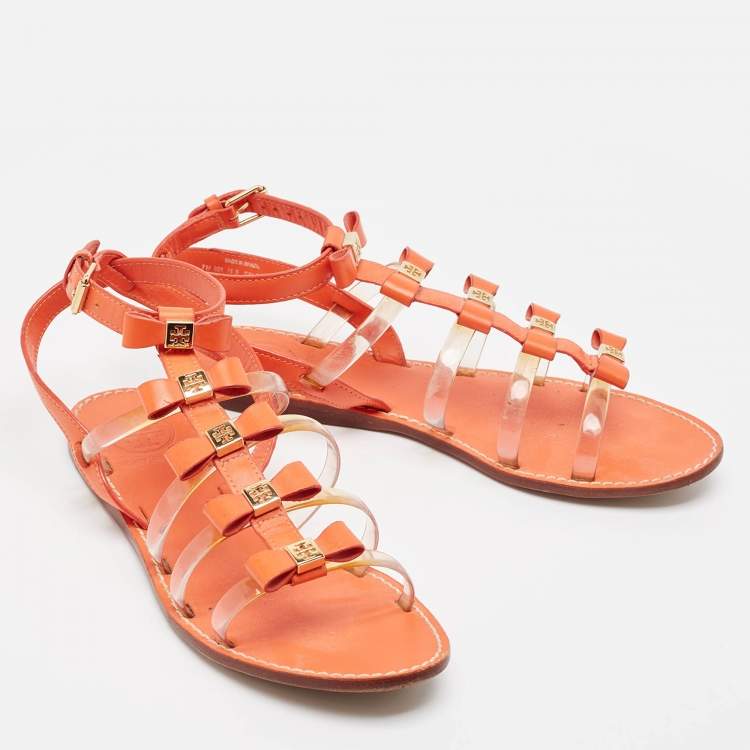 Pre Owned Tory Burch Orange Leather And PVC Kira Flat Sandals Size 37.5