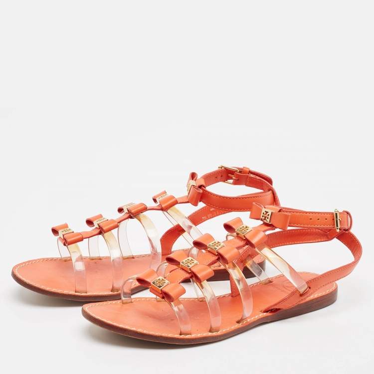 Pre Owned Tory Burch Orange Leather And PVC Kira Flat Sandals Size 37.5