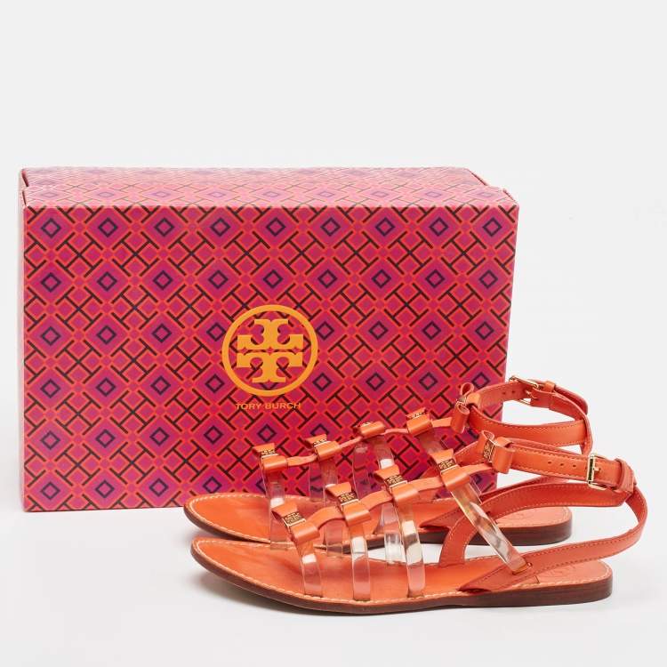 Pre Owned Tory Burch Orange Leather And PVC Kira Flat Sandals Size 37.5