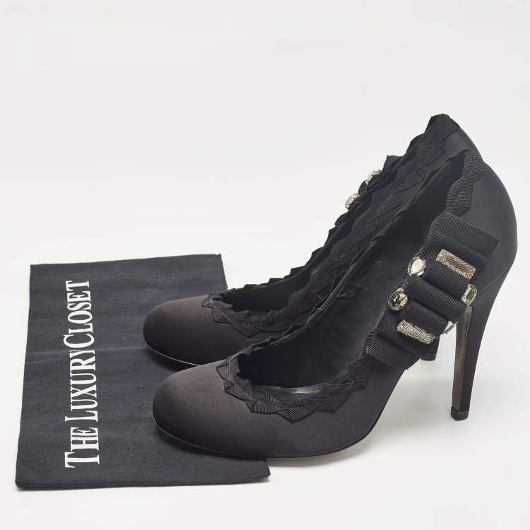 Pre Owned Tory Burch Black Satin Embellished Bow Pumps Size 41