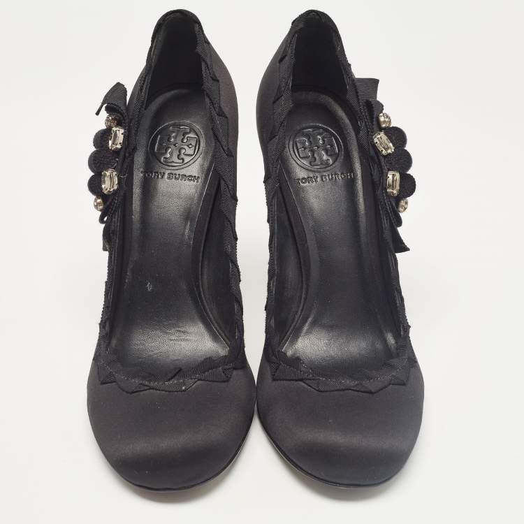 Pre Owned Tory Burch Black Satin Embellished Bow Pumps Size 41