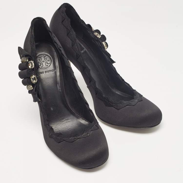 Pre Owned Tory Burch Black Satin Embellished Bow Pumps Size 41