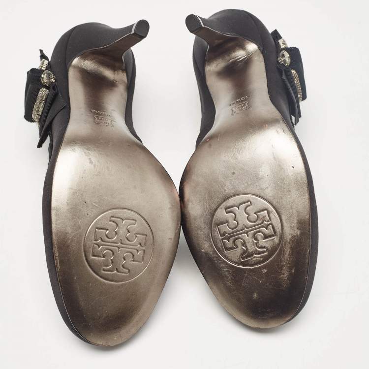 Pre Owned Tory Burch Black Satin Embellished Bow Pumps Size 41
