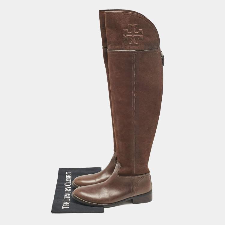 Pre Owned Tory Burch Brown Leather Over The Knee Boots Size 35.5