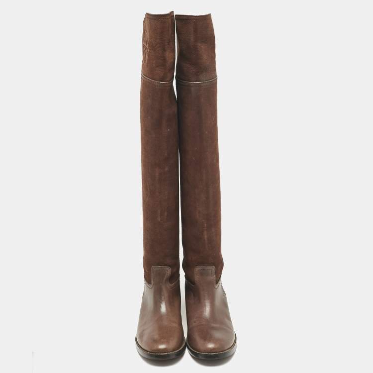 Pre Owned Tory Burch Brown Leather Over The Knee Boots Size 35.5