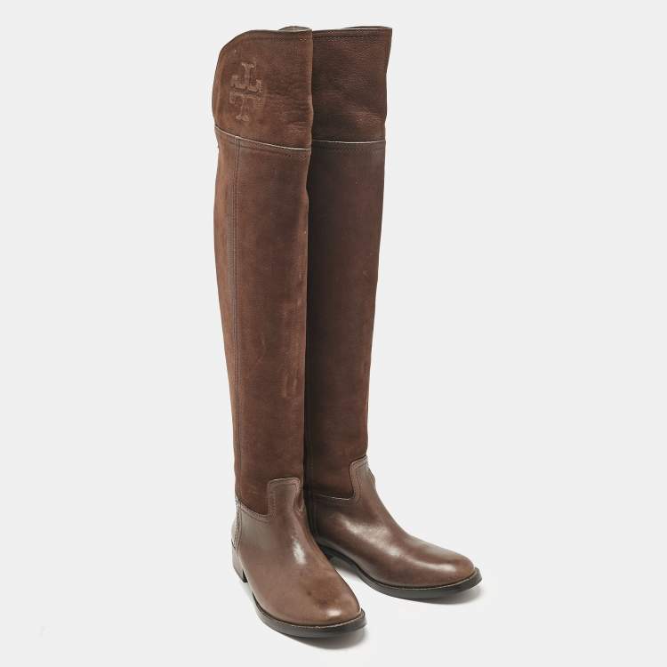 Pre Owned Tory Burch Brown Leather Over The Knee Boots Size 35.5