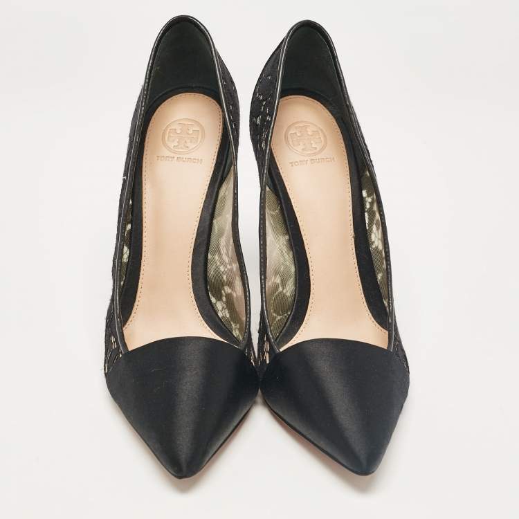 Pre Owned Tory Burch Black Satin and Mesh Pointed Toe Pumps Size 41