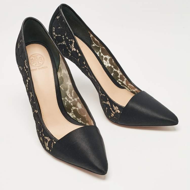 Pre Owned Tory Burch Black Satin and Mesh Pointed Toe Pumps Size 41