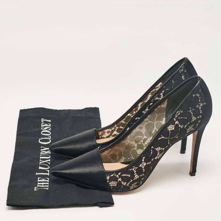 Pre Owned Tory Burch Black Satin and Mesh Pointed Toe Pumps Size 41