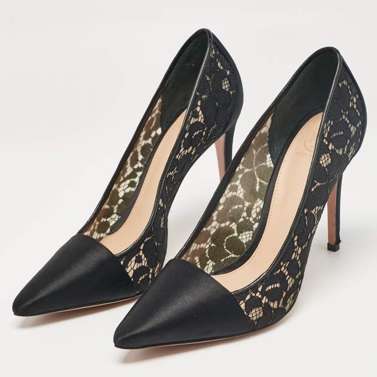 Pre Owned Tory Burch Black Satin and Mesh Pointed Toe Pumps Size 41