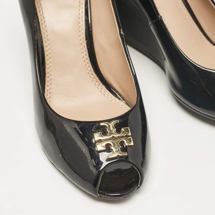 Pre Owned Tory Burch Black Patent Leather Jade Wedge Pumps Size 36.5