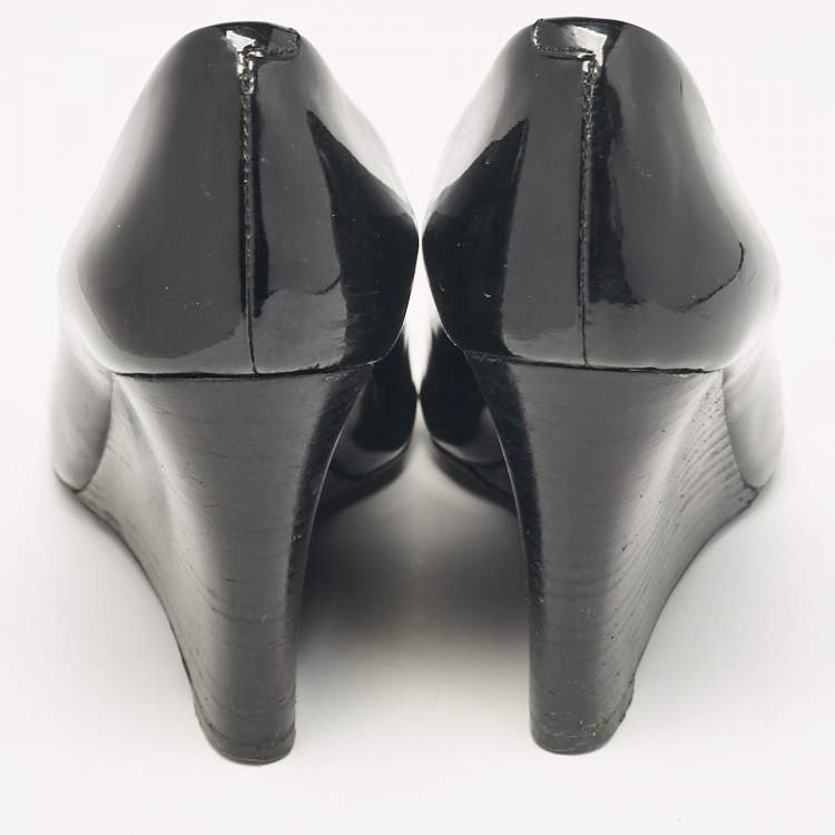 Pre Owned Tory Burch Black Patent Leather Jade Wedge Pumps Size 36.5