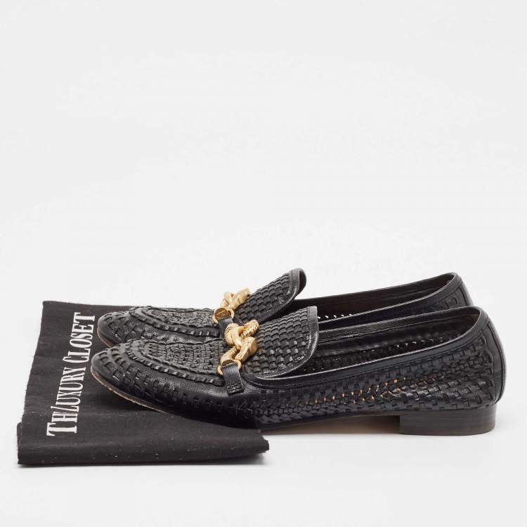 Pre Owned Tory Burch Black Woven Leather Jessa Loafers Size 38.5