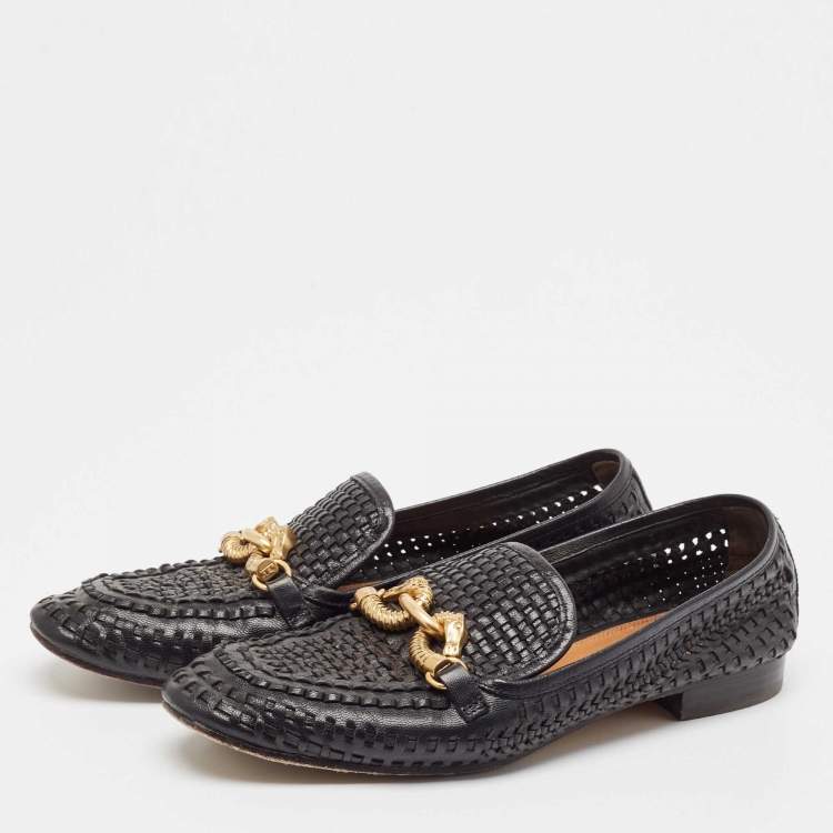 Pre Owned Tory Burch Black Woven Leather Jessa Loafers Size 38.5