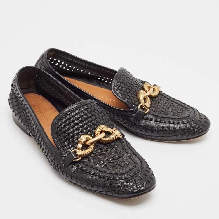 Pre Owned Tory Burch Black Woven Leather Jessa Loafers Size 38.5