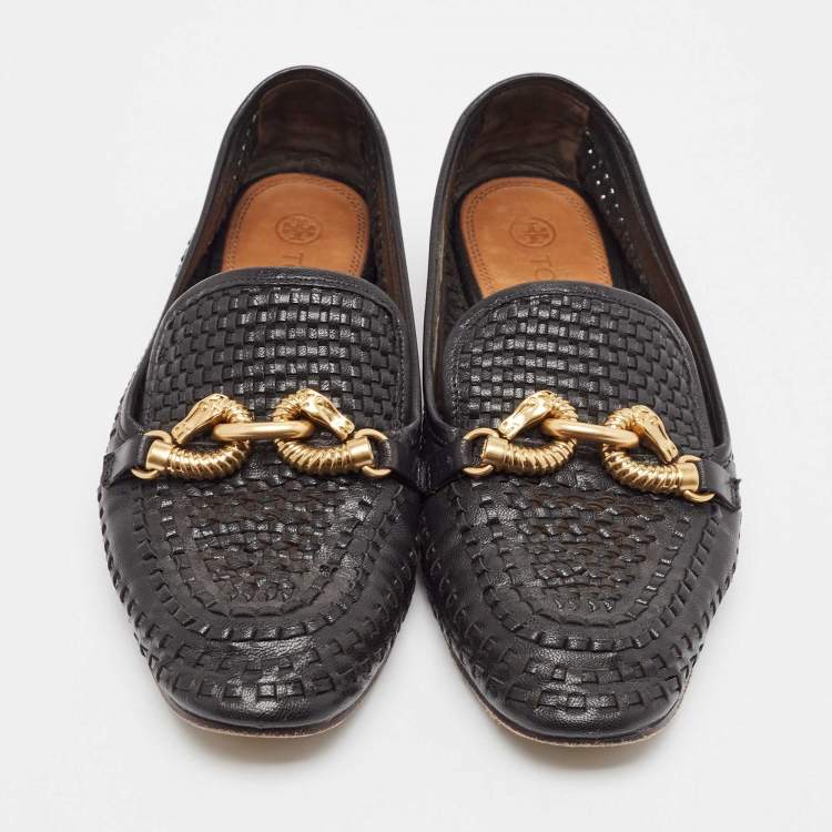 Pre Owned Tory Burch Black Woven Leather Jessa Loafers Size 38.5