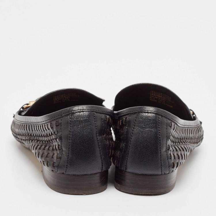 Pre Owned Tory Burch Black Woven Leather Jessa Loafers Size 38.5