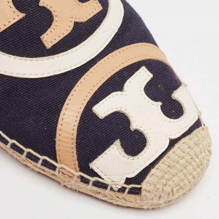 Pre Owned Tory Burch Navy Blue Canvas Poppy Espadrille Flats Size 40